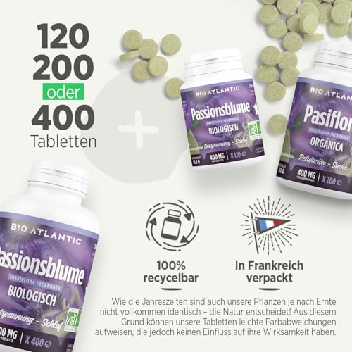 Bio Passionsblume 1600 mg pro Tag - ENTSPANNUNG, SCHLAF - 120 Tabletten | Premium Naturprodukt & Rein pflanzlich