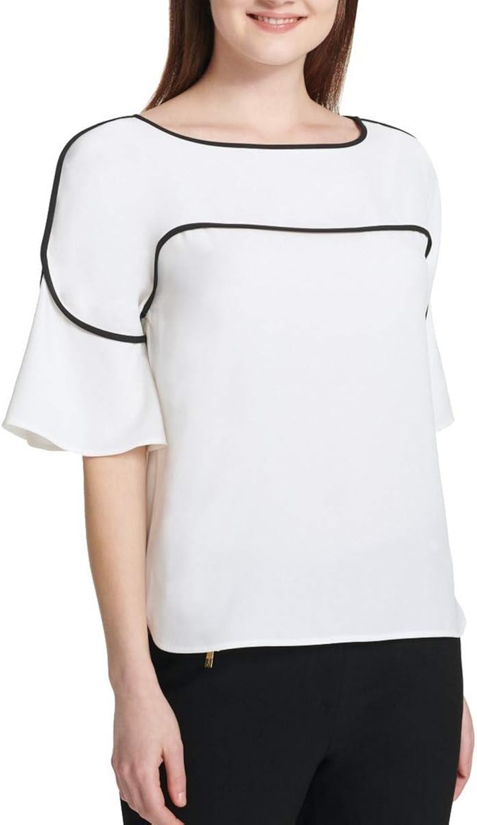Calvin Klein Womens Pipe Trim Pullover Blouse, White, Medium