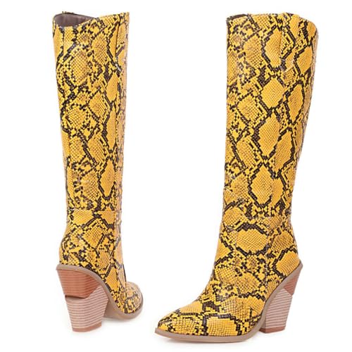 Parisuit Women's Chunky High Heel Knee High Boots Pointed Toe Western Cowgirl Boots Slip On Shoes3