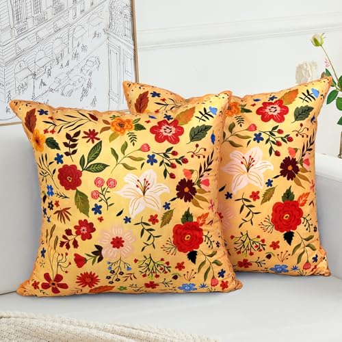 Image of HZYKDWD Floral Pillow Covers 45x45 cm Set of 2,Orange Farmhouse Floral Pillow Covers Decor Double Sided Pattern Cushion Cover Soft Pillow Case Living Sofa Room Bed Porch Patio Square Pillow Cover