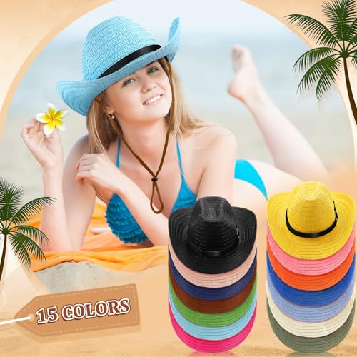 Image of Suhine 15 Pcs Straw Cowboy Hat for Men Women Colorful Western Hat Bulk Sun Protection Large Brim Cowgirl for Summer Seaside