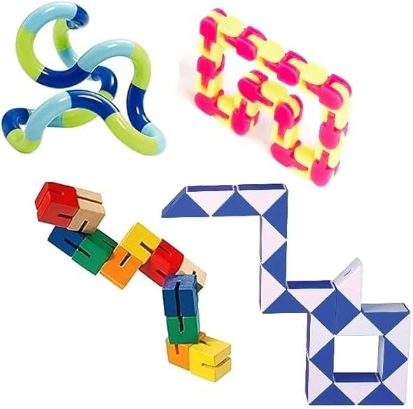 Fidget Hand Sensory Descompresión Twist and Tangle Stress Relief Toys - Paquete de 5 incluyendo Original Tangle Jr Fidget Toy Wooden Fidget Cube