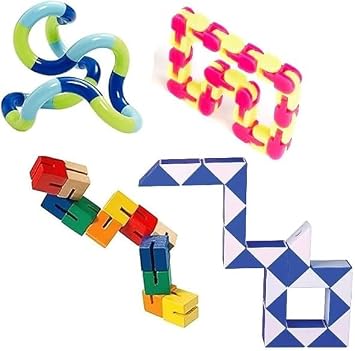 ألعاب تخفيف الضغط الحسي لليد من Fidget - مجموعة من 4 قطع بما في ذلك لعبة Tangle Twister الأصلية الخشبية Fidget Cube Snake Puzzle Snap N Click Wacky Track
