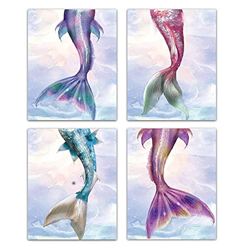 CREATCABIN 4pcs Mermaid Tail Canvas Wall Art Set Print Poster Home