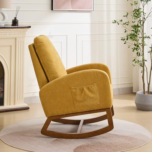 Image of Rocking Chair Nursery, Glider Rocking Accent Chair with Wood Legs, High Back Pocket Modern Upholstered Nursery Chair, Comfy Accent Rocker Armchair for Living Room Bedroom, Mustard Yellow