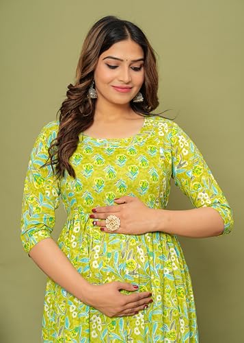 Image of Maternity Feeding Kurti for Women | Cotton Blend Anarkali Dress with Nursing Zip for Pre & Post Pregnancy