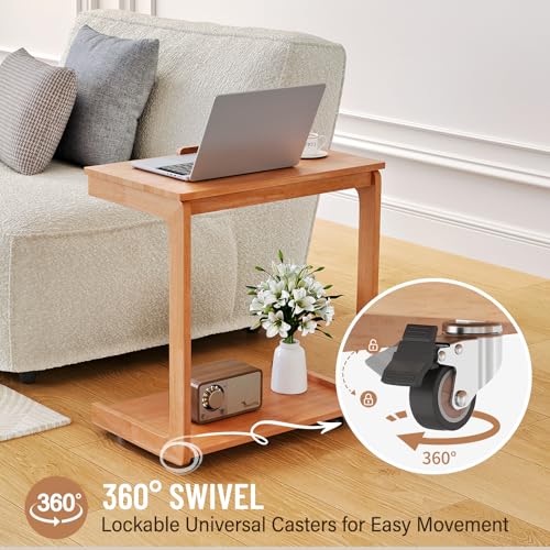 Image of Uniclinens Rolling Side Table Desk Sofa - C Shape Couch End Table with Wheels, Mobile Wooden Slim Sofa Tray, Movable Small Couch Desk for Living Room Bedroom, Cherry