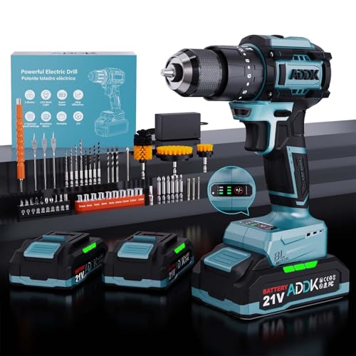 Perceuse Visseuse Sans Fil, 21V Perceuse Visseuse à percussion sans fil avec 3 Vitesses, 45 NmMax, 24+3 Réglages de Couple Ensemble de configurations, 10mm Métal Mandrin Verrouillage, LED