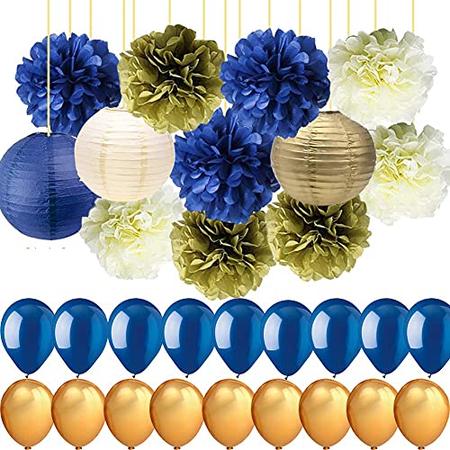 Royal Blue Gold Cream Party Decoration-Tissue Paper Pom Poms Paper Lanterns with Balloons Set for Navy Blue Nautical Party Royal Prince Baby Shower Birthday Wedding Graduation Party