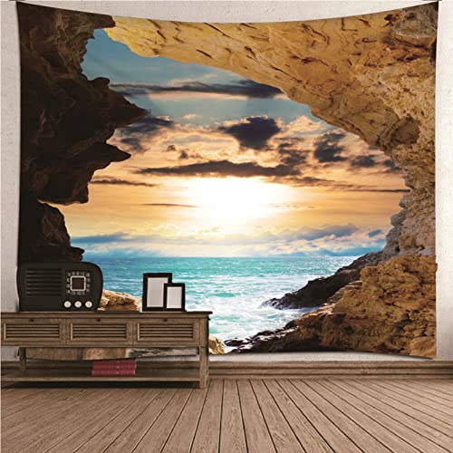 Tapiz grande de pared con paisaje oceánico 2D y cueva para decorar tu salón o habitación