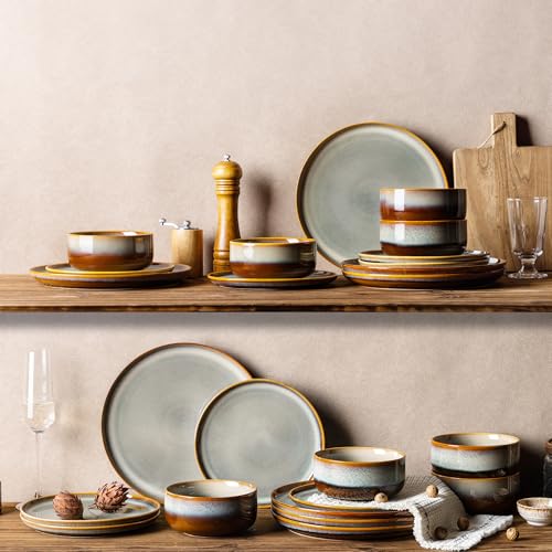 Image of Ceramic Dinnerware Sets for 8, 24 Pieces Handmade Reactive Glaze Plates and Bowls Set, Scratch Resistant Dish Set, Oven & Microwave & Dishwasher Safe, Dusk Blue
