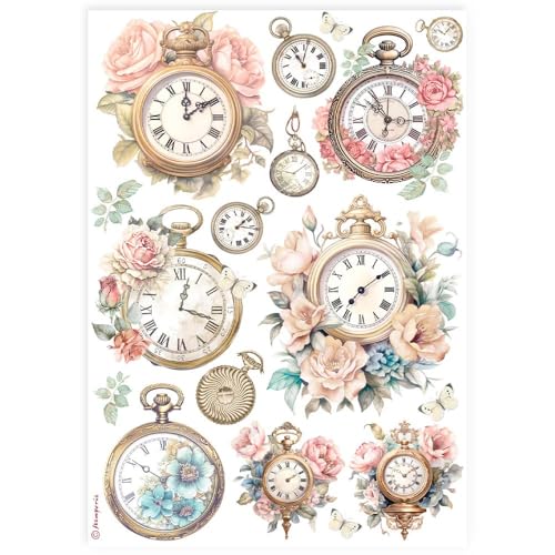 Design affascinante: presenta orologi dettagliati in stile vintage e rose in fiore, ideali per progetti con un tema nostalgico o romantico.