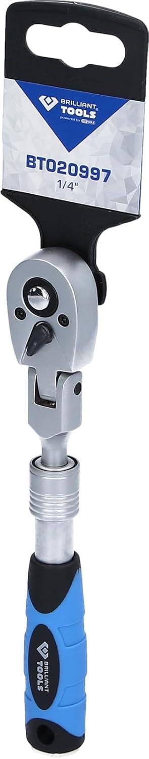 BRILLIANT TOOLS BT020997 1/4" Teleskop-Umschaltknarre mit flexibelem Kopf 1/4 Inch Telescopic Reversible Ratchet with Flexible Head (175-225 mm) [Powered by KS Tools]