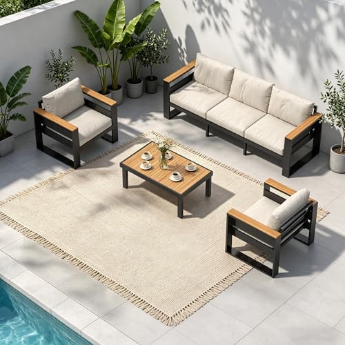 Relax Tree 4 Piece Aluminum Outdoor Patio Furniture Set, 5-Seat Patio Conversation Set, Outdoor Sectional, Wide Seats, Thick Water-Resistant Cushions, Wood Armrests, Coffee Table & Waterproof Cover