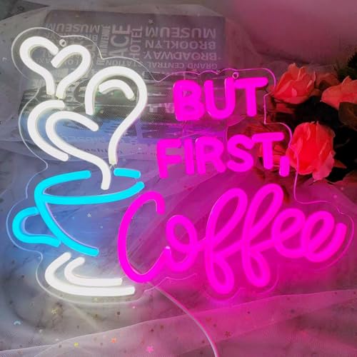 Image of But First Coffee Neon Sign Large 5V USB Powered Acrylic Neon Lights with Dimmable Switch and Hanging Chain for Coffee Cafe Bar Party Living Room Sign Gifts 14 * 11.3inch(Pink)