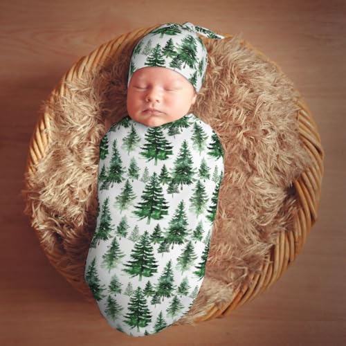 Image of Green Watercolor Tree Newborn Swaddle Blanket with Beanie Hat Set Baby Receiving Blankets Soft Swaddle Swaddle Blankets for Baby Boys and Girls