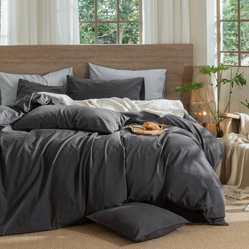 Image of MooMee Wavy Striped Duvet Cover Set 100% Washed Cotton Linen Like Textured Breathable Durable Soft Comfy (Charocal Grey, Twin 68 inchx90 inch)