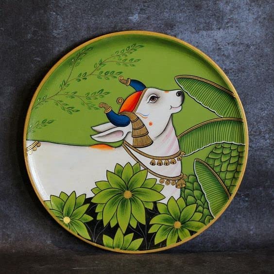 Image of Adikala MDF Pichwai Cow & leaf Motifs Engraved Design Wall Plate Base With Frame Cutout For DIY Craft Set Of 2