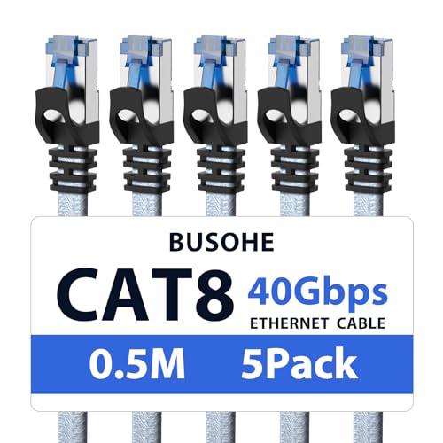 BUSOHE Cat 8 LAN Kabel 0,5m (5-St&uuml;ck), 40Gbps 2000MHz Ethernet Kabel Netzwerkkabel, Flach Hochgeschwindigkeits Gigabit RJ45 Patchkabel, Geflochtener Internet Kabel Kompatibel mit PC, Router, Modem