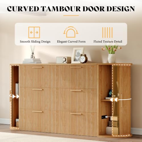 Image of AMERLIFE Full Murphy Bed with Storage Bedside Shelves & Sliding Tambour Door, Modern Cabinet Bed with Charging Station & Curved Fluted Design for Bedroom /Guest /Home Office, Natural Oak