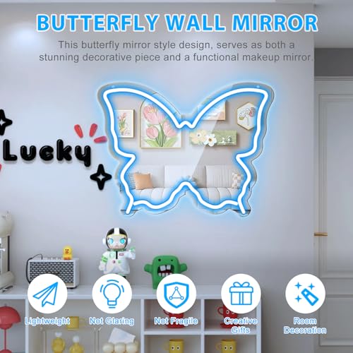 Image of Butterfly Neon Sign Mirror, LED Neon Sign for Wall Decor, 15.7'' x 12'' Dimmable Neon Light for Teen Girls & Kids Birthday Party Gift, Neon Signs for Girl Room Decor, Wall Mirror, USB Powered (Ice Blue)