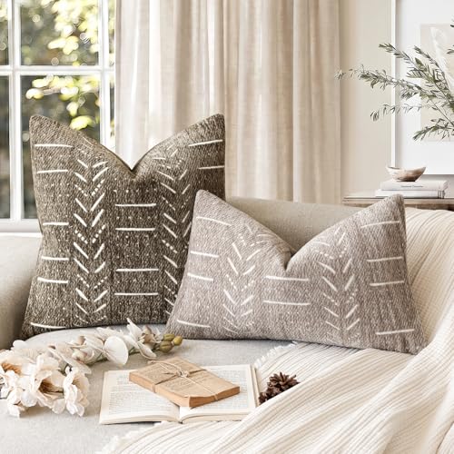 Image of Foindtower Set of 2 Decorative Chenille Jacquard Throw Pillow Covers Textured Farmhouse Lumbar Cushion Covers Modern Boho Accent Home Decor for Sofa Chair Couch Bed Living Room,12x20 Inch,Light Taupe