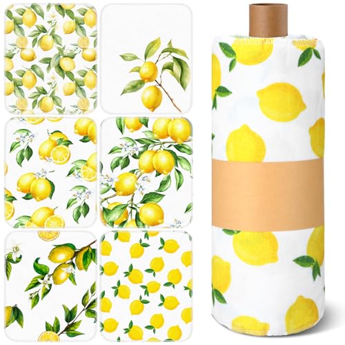 Image of Redbaker 30 Pcs Reusable Paper Towels Rolls Towels Bulk Kitchen Washable Paperless Cloth Cotton Hand Napkins with Cardboard Reusable Napkins for Kitchen Bathroom (Lemon Style)