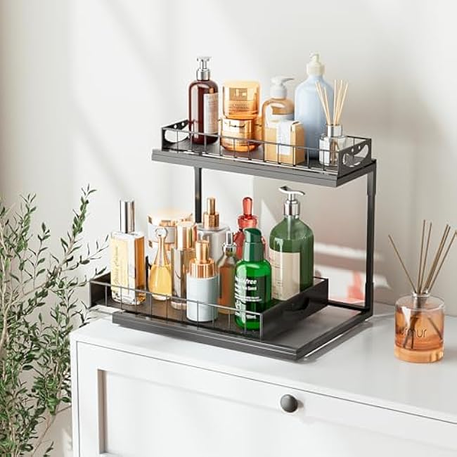 JAQ 2 Tier Metal Under Kitchen Sink Organizer Storage Shelves Rack Black