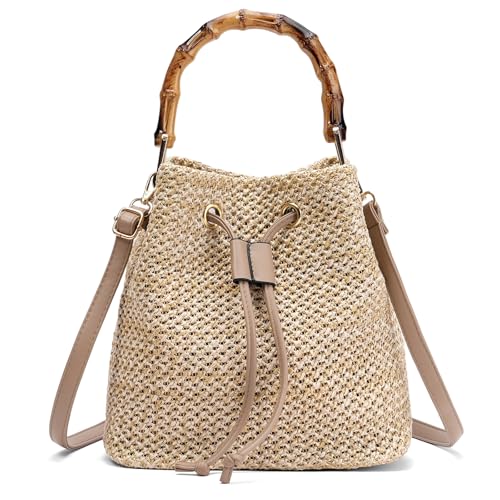 Image of RNIEGA Straw Crossbody Bag Summer Woven Bucket Bags for Women Beach Shoulder Purse Drawstring Handbag Vacation