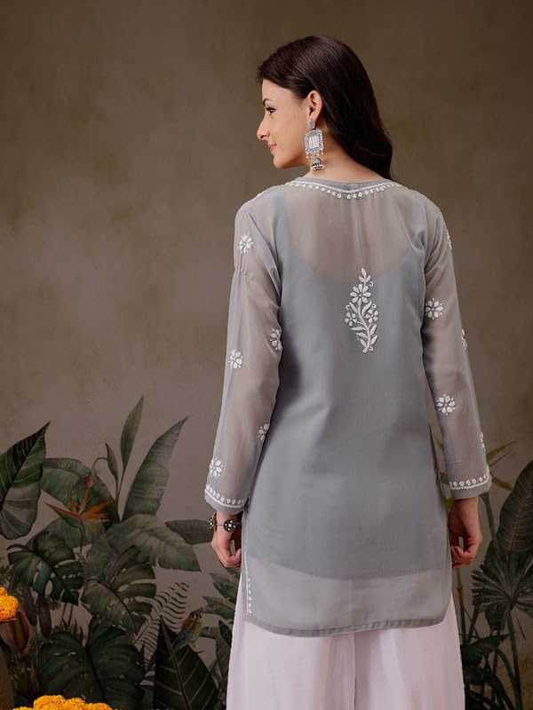 Image of Ada Women's & Girl's Georgette Hand Embroidered Lucknow Chikankari Regular Fit Short Kurti Top with Slip A911300