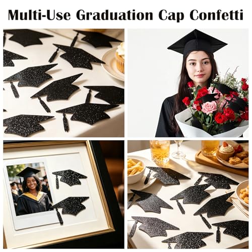 Image of Qttier 12pcs Graduation Cap Confetti Black Glitter, Big Size 4 inches | Congrats Grad Party Decorations Graduation Table Decor Class of 2026 High School College Grad Party Supplies