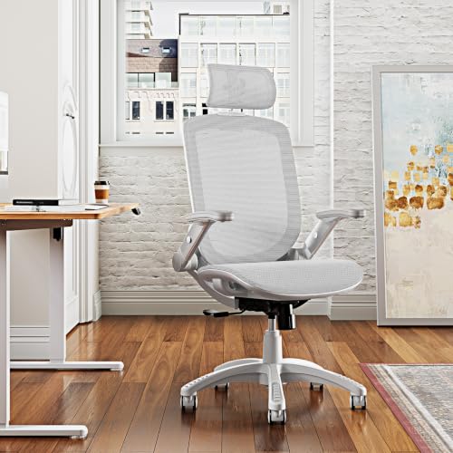 Image of GABRYLLY Ergonomic Office Chair, High Back Home Desk Chair with 2D Flip-Up Arms, 3D Headrest, 90-120 Tilt and Wide Cushion, Big and Tall Mesh Chairs for Man Woman, Computer Task Chair Light Grey
