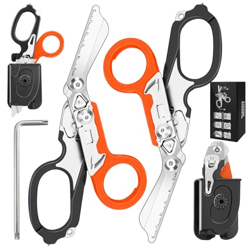 Kevanry 2er Pack 6-in-1 Trauma Schere mit Holster Multifunktionale Rettungsschere mit Gurtschneider & Glasbrecher für Outdoor Camping Rettungsdienst Erste Hilfe (Schwarz Orange)