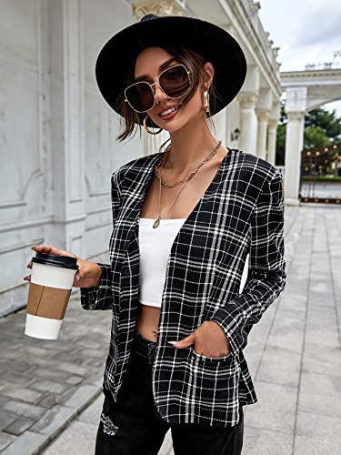 Women's Plaid Long Sleeve Open Front Blazer Casual Business Jackets with Pockets