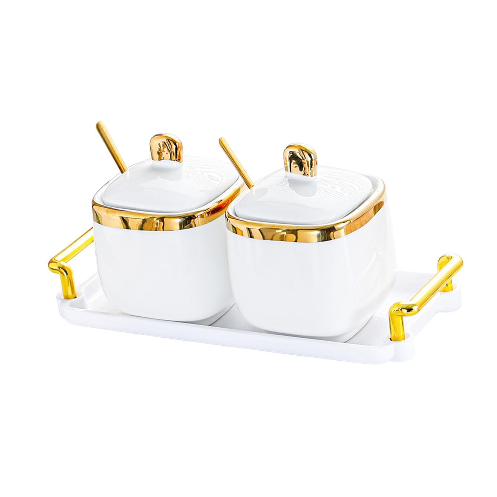 Porzellan Gewürzbehälter, Gewürzbehälter, Aufbewahrungsbox für Lebensmittel, Salz Zucker Behälter mit Löffel für Urlaub, Arbeitsplatte, Bar, Zuhause, 2 Gläser Gold