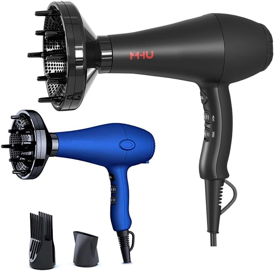 MHU Professional Infrared Ionic Hair Dryer,Smoothing Concentrator and Volumizing Diffuser,2 Speed 3 Heat and Cool Setting,AC Motor and 2.65 Meter Salon Cable,Powerful Blow Dryer 1875W, Black