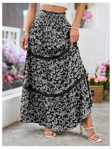 Verdusa Women's Floral Maxi Skirts Tiered Boho Shirred Flowy Summer Vacation A Line Skirt4