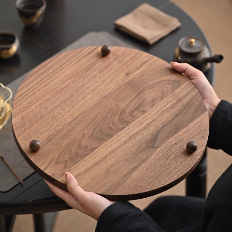 Bandeja de Madera Maciza para Servir con Tres Patas, Redonda de Nogal Negro, para Servir té, cafeterías y restaurantes, diseño Simple y Elegante para Uso en la Cocina.