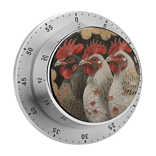Magnetic Kitchen Timer Stainless Steel Three Chickens Together Mechanical Timer with 70db Loud Alarm Battery-Free Waterproof 60 Minute Wind Up Timers for Cooking Baking Fitness Classroom Office