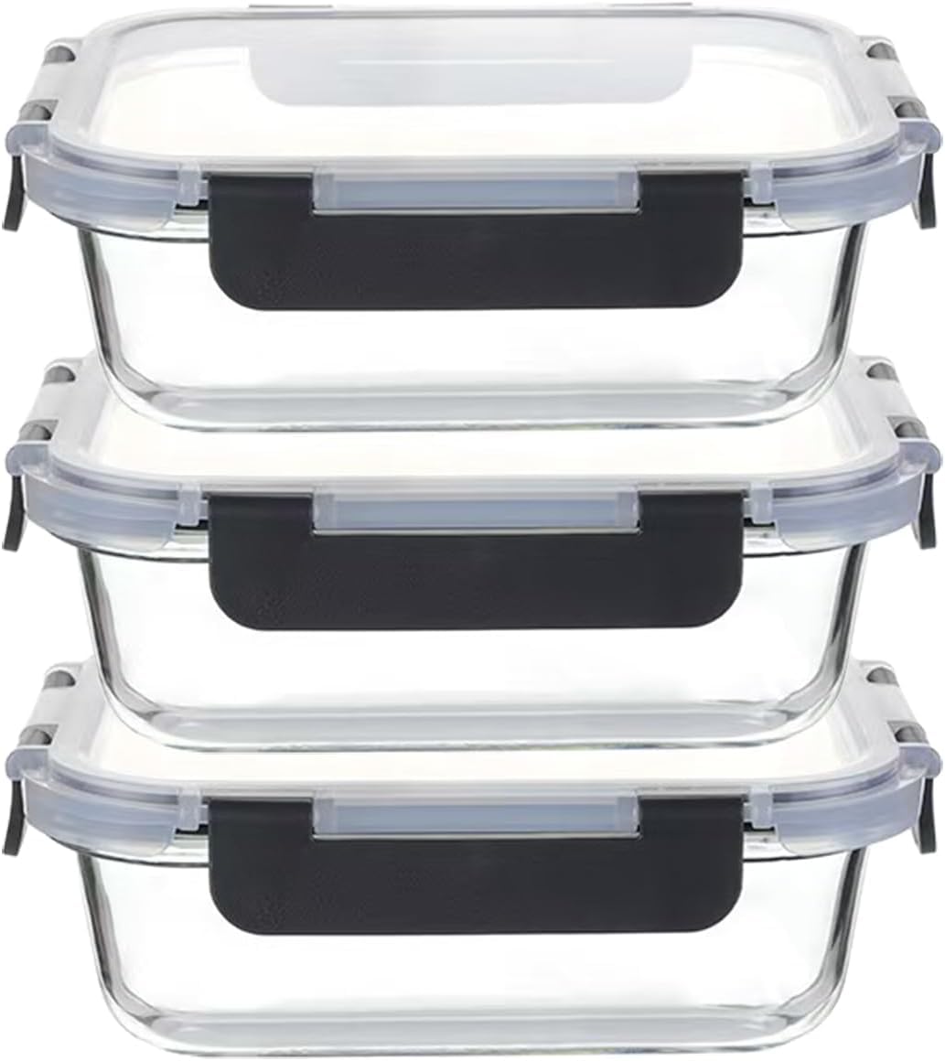 BEVKAF Glass Storage Containers With Lids, 3PCS 680ML Glass Food Containers With Lids,Airtight and Reusable for Soup, Lunch, Salad, Leftovers