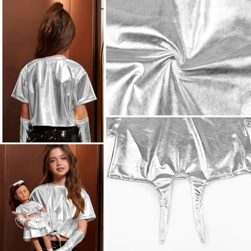 Image of Perfashion Girls Metallic Shirts Shiny Tie Front Knot Crop Top with Arm Sleeves for Dancing Raves Festivals 4-15 Years