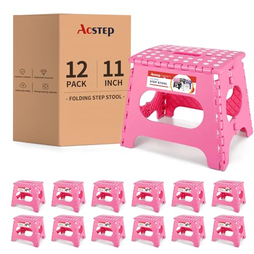 Image of 12 Pack 11 Inch Folding Step Stool, Sturdy Plastic Foldable Step Stool for Kids & Adults, Non Slip Lightweight Collapsible Foot Stools Holds 300 lbs, Ideal for Kitchen, Bathroom, Outdoor, Pink
