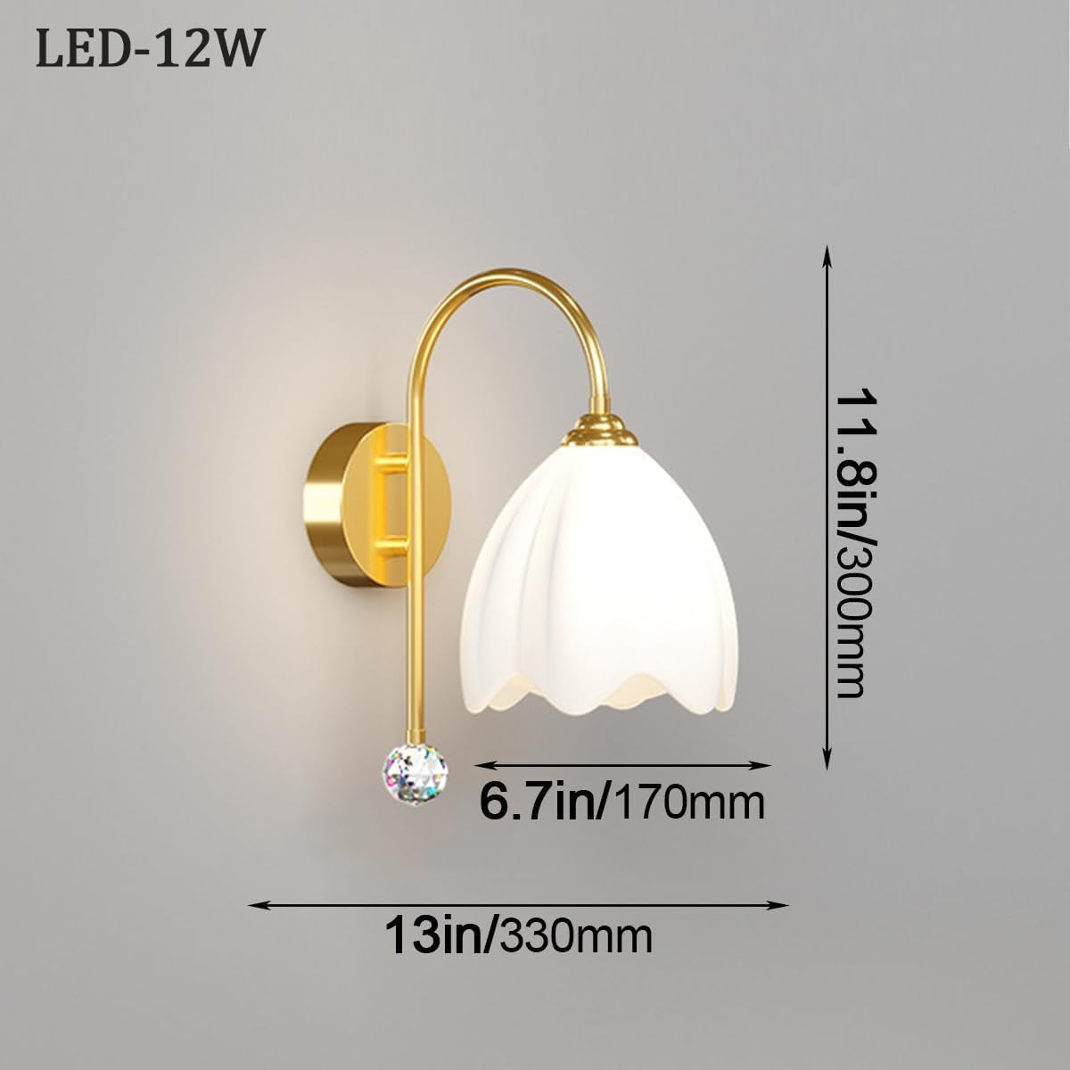 Modern Light Luxury Gold Wall Sconces for Girls Bedroom White Flower Shade Indoor Vintage Gooseneck Antique Wall Mounted Light Crystals Bedside Wall Lamp for Bathroom Living Room Hallway