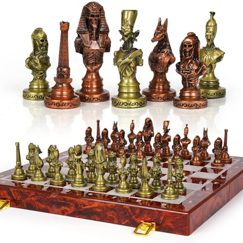 Large Egyptian Metal Chess Set for Adults – 15 Inch Foldable Wooden Chess Board with Weighted Antique Chess Pieces – Vintage Luxury Game Gift for Collectors，Classic Board Game