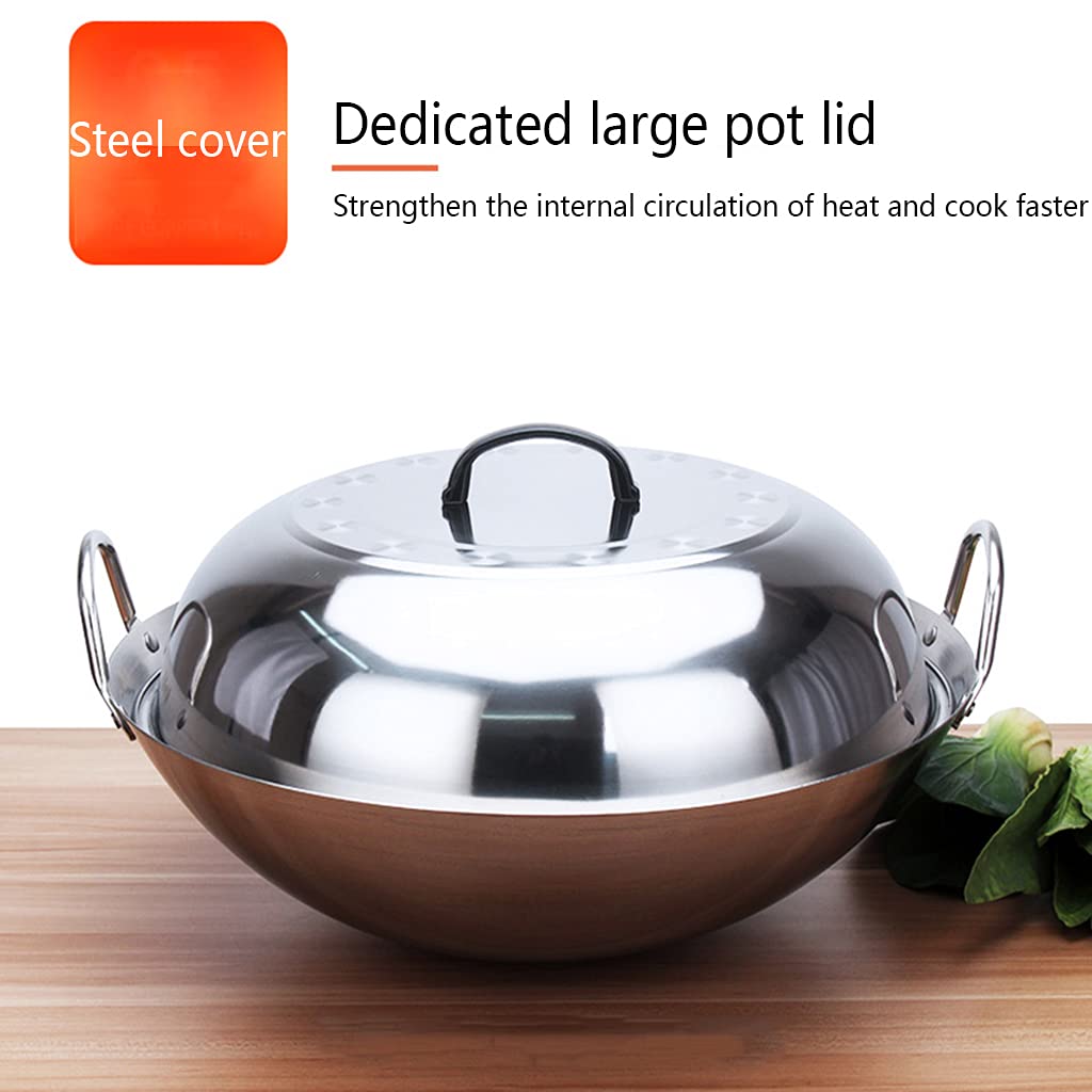 Wok Extra Spesso Non Magnetico A Doppia estremità in Acciaio Inossidabile con Coperchio Alto da 34 A 47 Cm, Fondo Arrotondato Spesso, Pentola Antifumo, Calore,36cm
