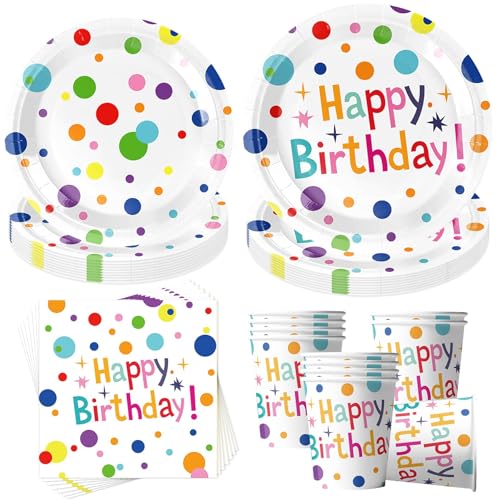 50 Stück Partygeschirr Set,Bunt Polka Dot Design Pappteller Kindergeburtstag,Thema Partygeschirr Set,Mit Teller Becher Servietten,Kindergeburtstag Mädchen Junge für 10 Gäste