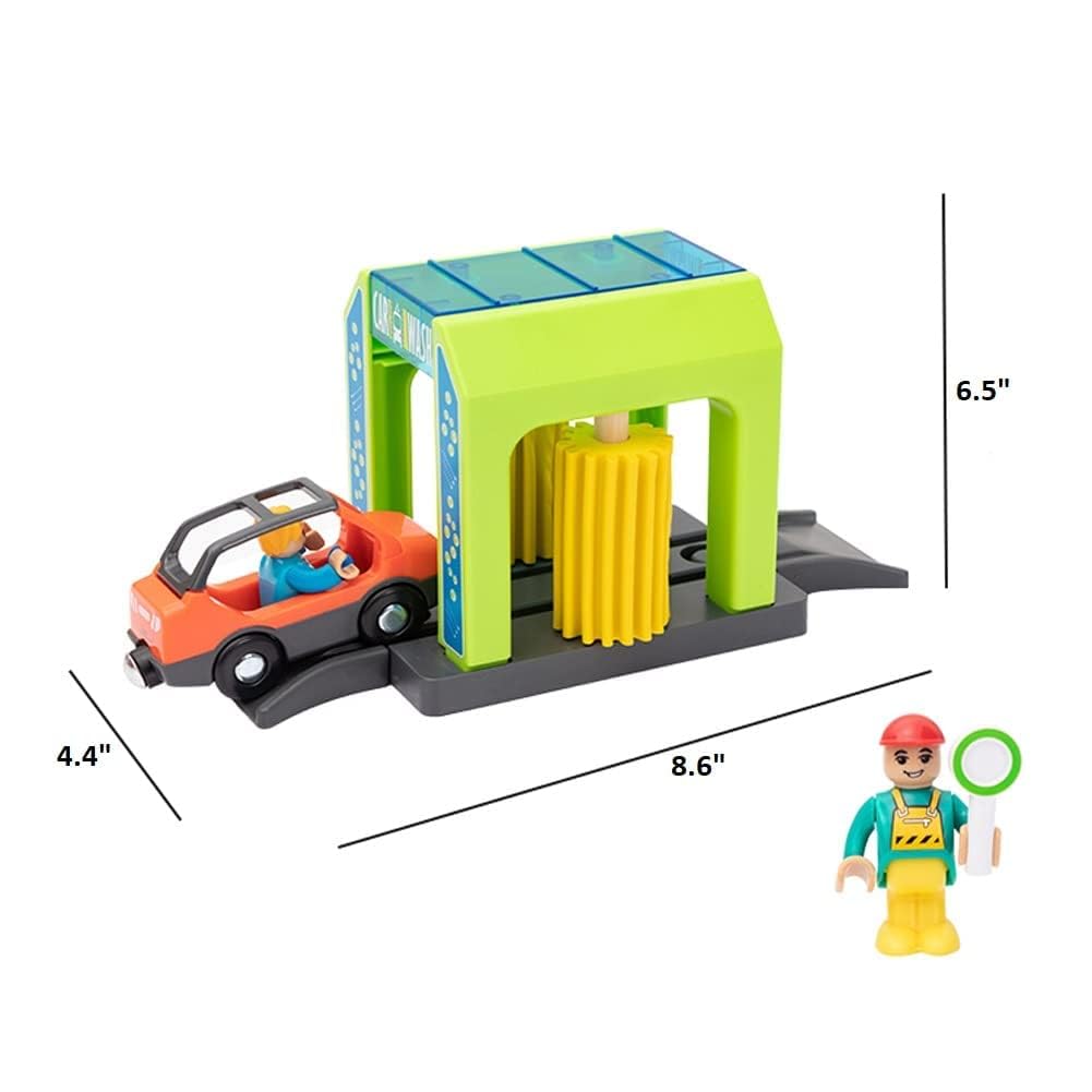 Accessori Ferroviari in Legno Autolavaggio per Ferrovia, Giocattolo Treno Compatibile con Tutte le Principali Marche di Sistema di Treno-Set, Stazione Ferroviaria per Bambini