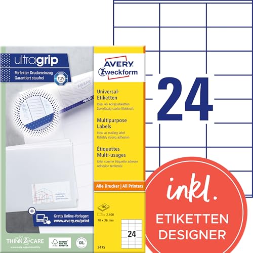 AVERY Zweckform 3475 Adressaufkleber (2.400 Klebeetiketten, 70x36mm auf A4, Papier matt, bedruckbare Absenderetiketten, selbstklebende Adressetiketten mit ultragrip) 100 Blatt, weiß