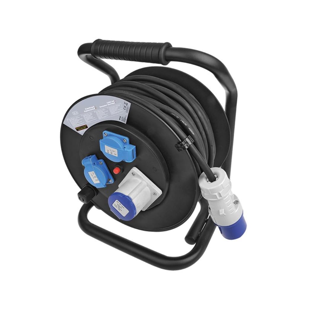 CEE Bęben kablowy 25 m – 3 x 2,5 mm² – 1 x CEE + 2 x Schuko – IP44 – ochrona przed przeciążeniem – neopren H07RN-F – kabel zasilający do kamperów – do -35°C – +50°C