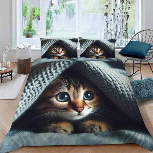 Funda Nordica Cama 90 Gato Ropa de Cama Gato Microfibra Suav Funda Edredon 135x200, Funda Nórdica Gato y 2 Funda de Almohada 50x80 cm, e2984